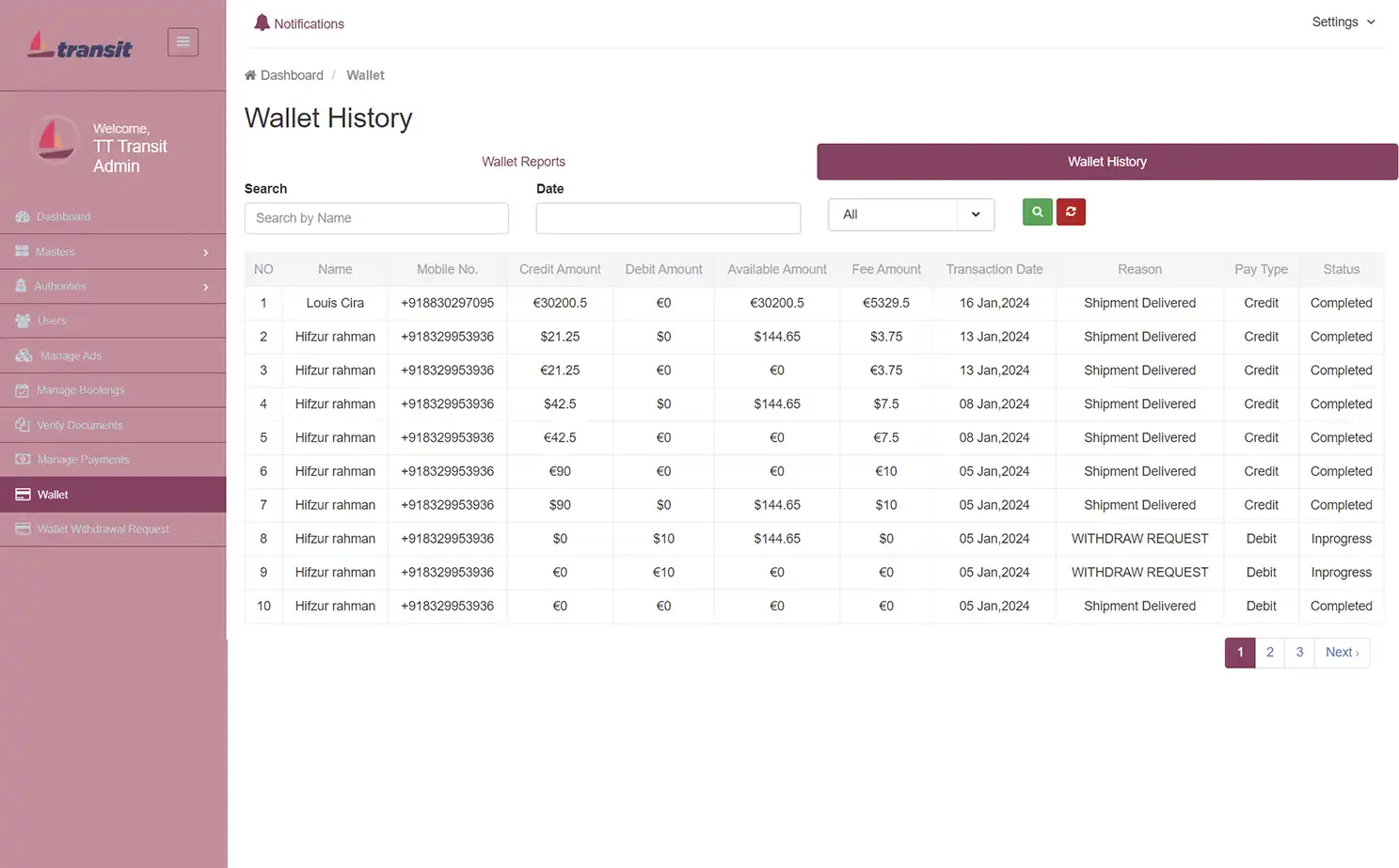 Transport management — admin — Wallet History