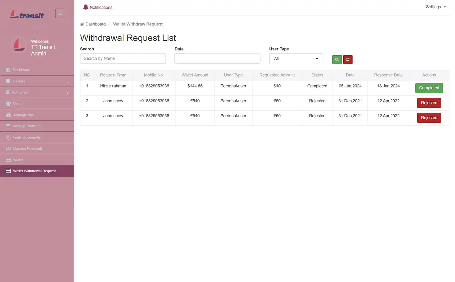 Transport management — admin — Withdrawal Request List