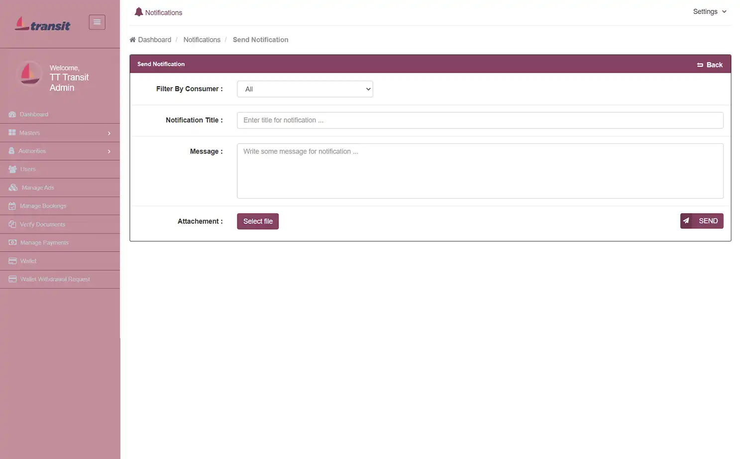 Transport management — admin — Send Notification