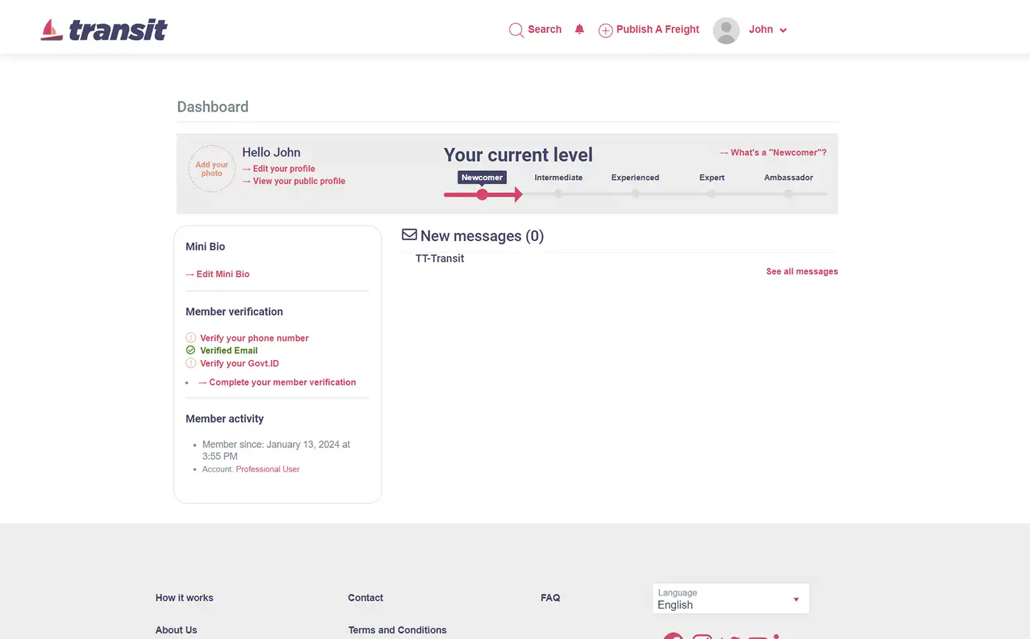 Transport management — user — Dashboard
