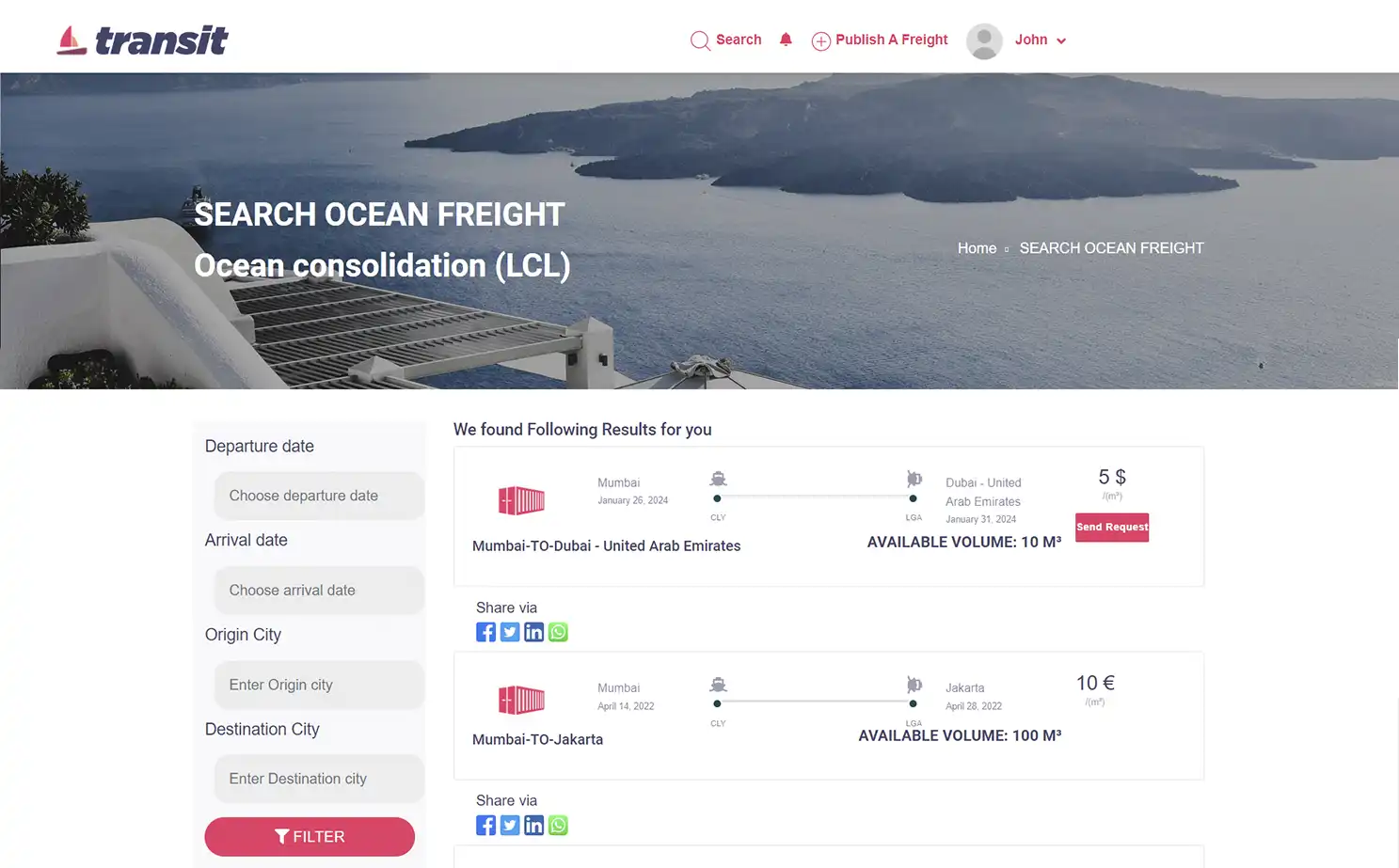 Transport management — user — Search Ocean Freight