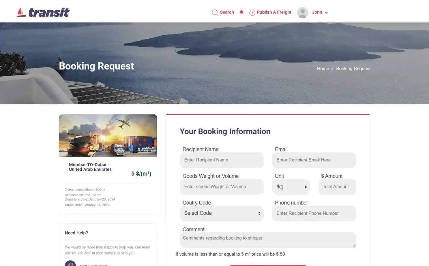 Transport management — user — Booking Request