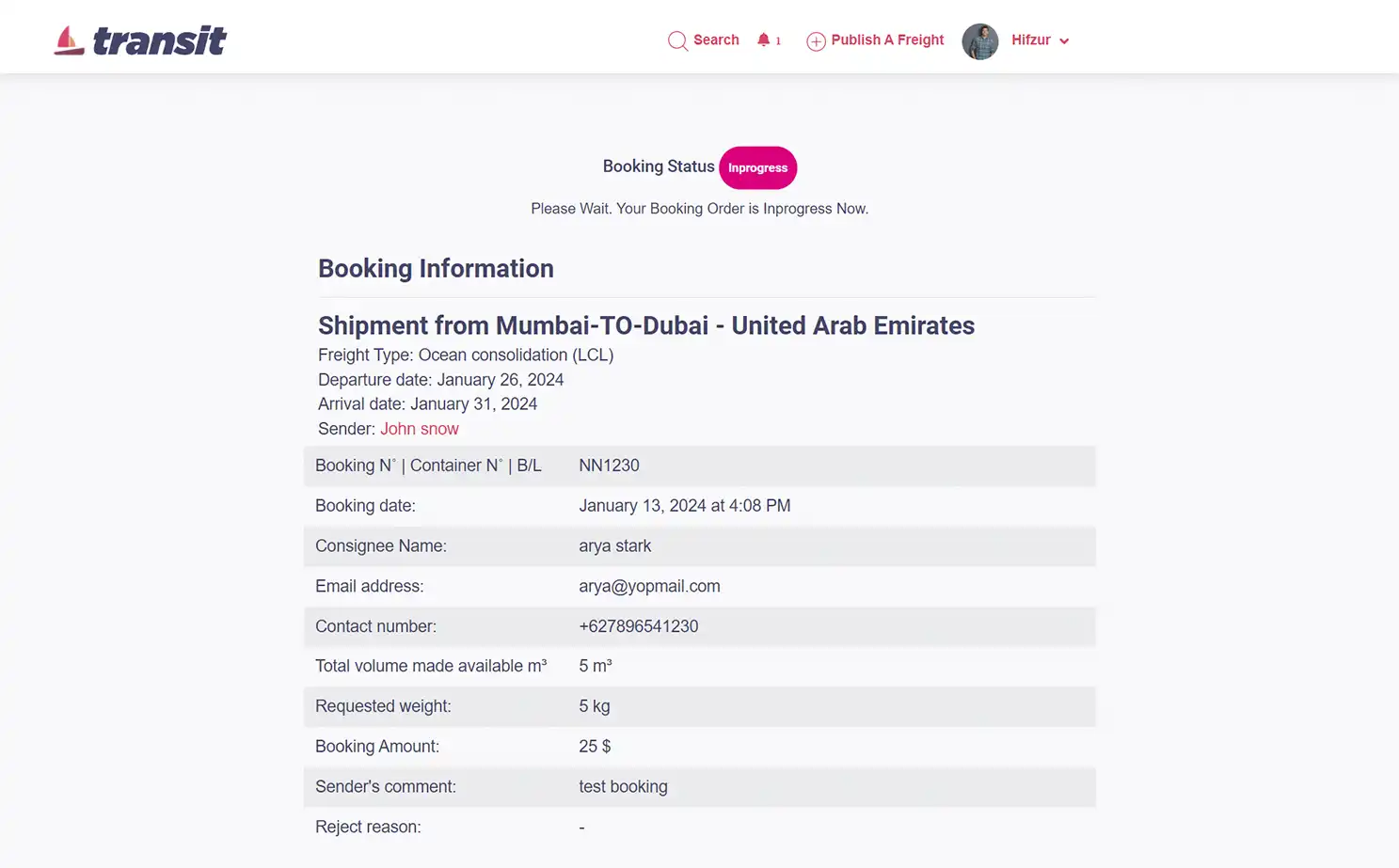 Transport management — user — Booking Information