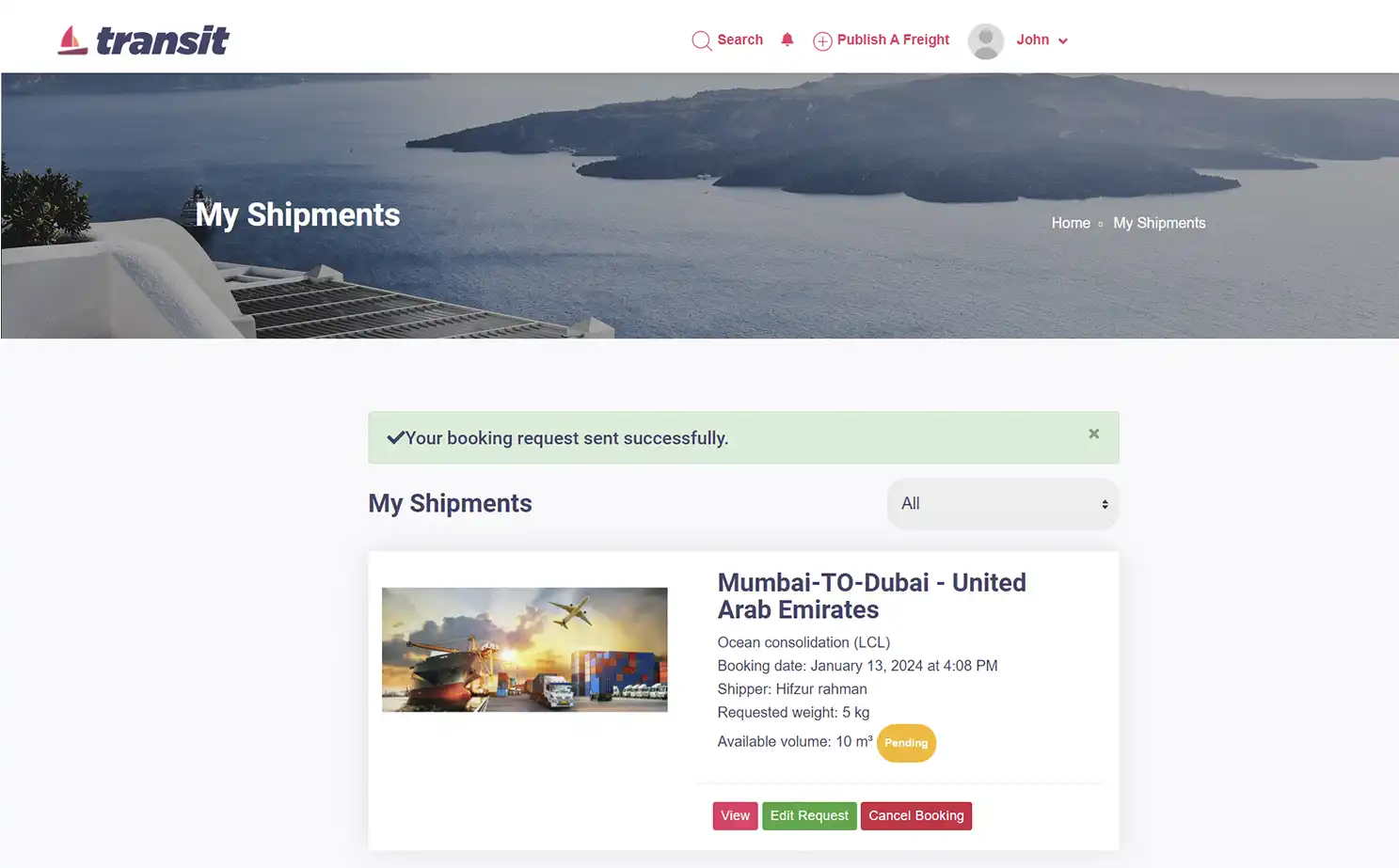 Transport management — user — My Shipments