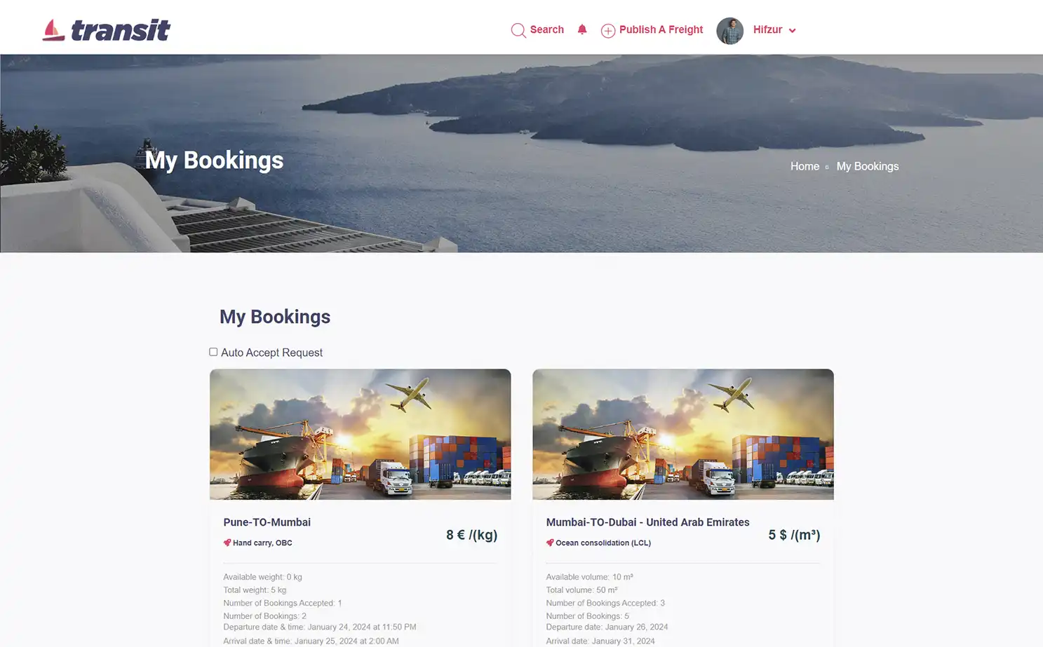 Transport management — user — My Bookings