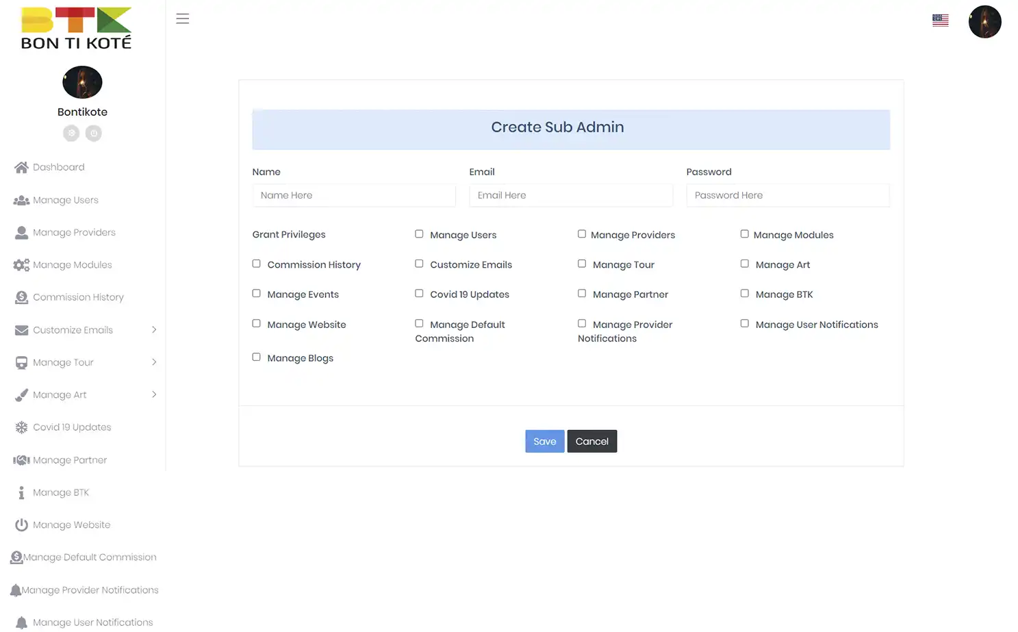 BTK admin — Create Sub Admin