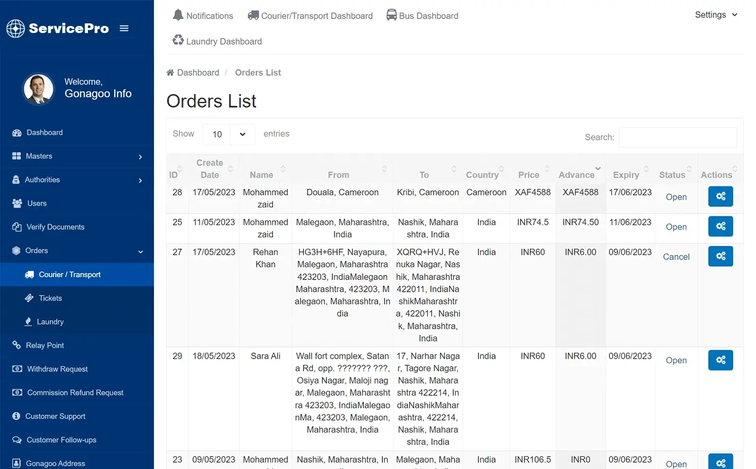 Ticket booking admin — Order List
