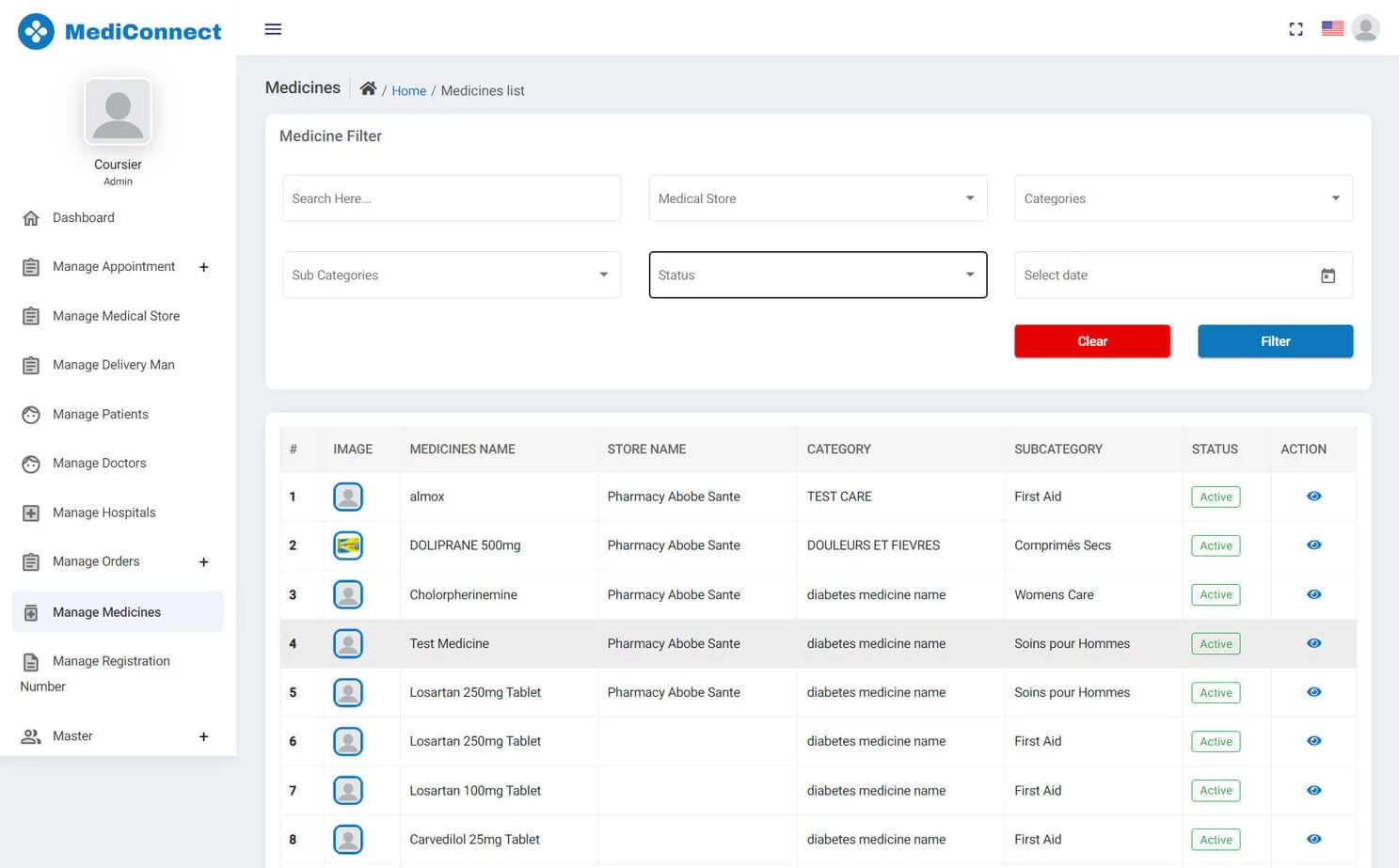 Doctor Appointment and Online Pharmacy admin — Manage Medicines