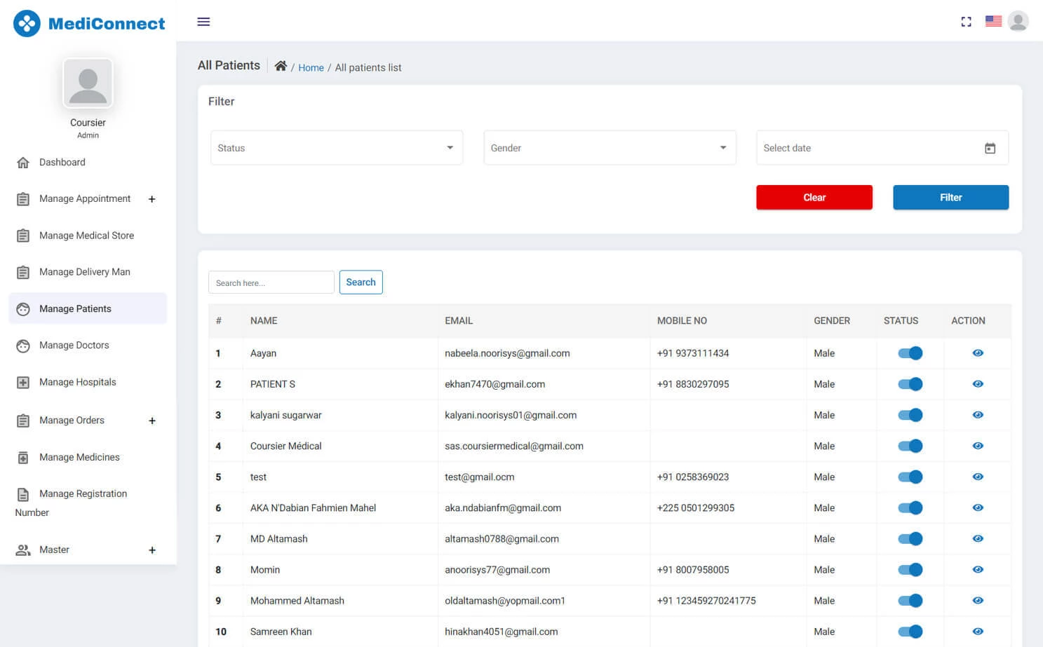 Doctor Appointment and Online Pharmacy admin — Manage Patients