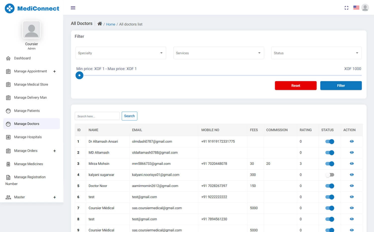 Doctor Appointment and Online Pharmacy admin — Manage Doctors