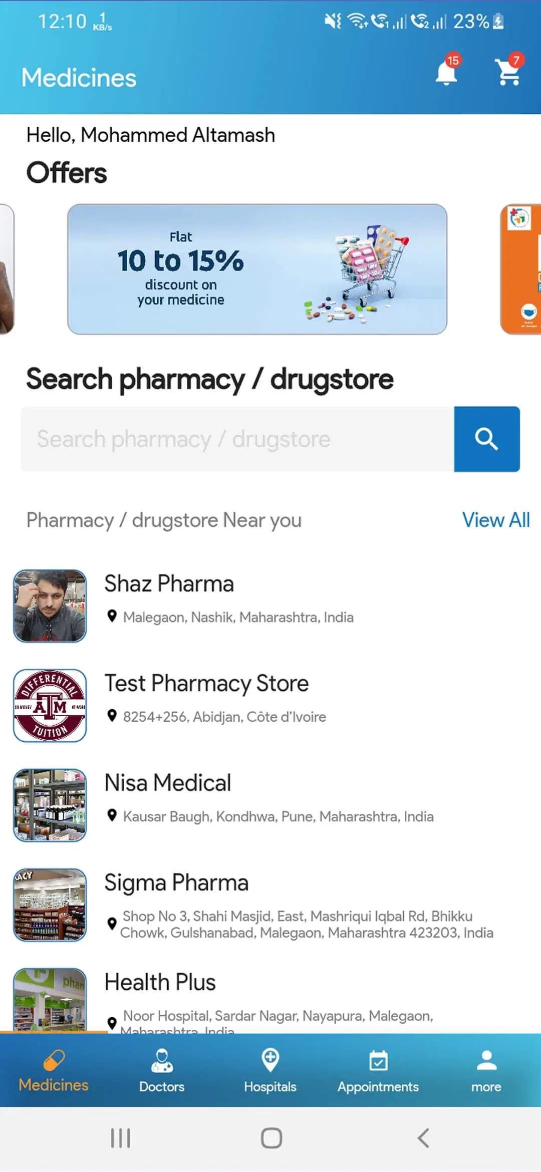 Doctor Appointment and Online Pharmacy user — Medicines