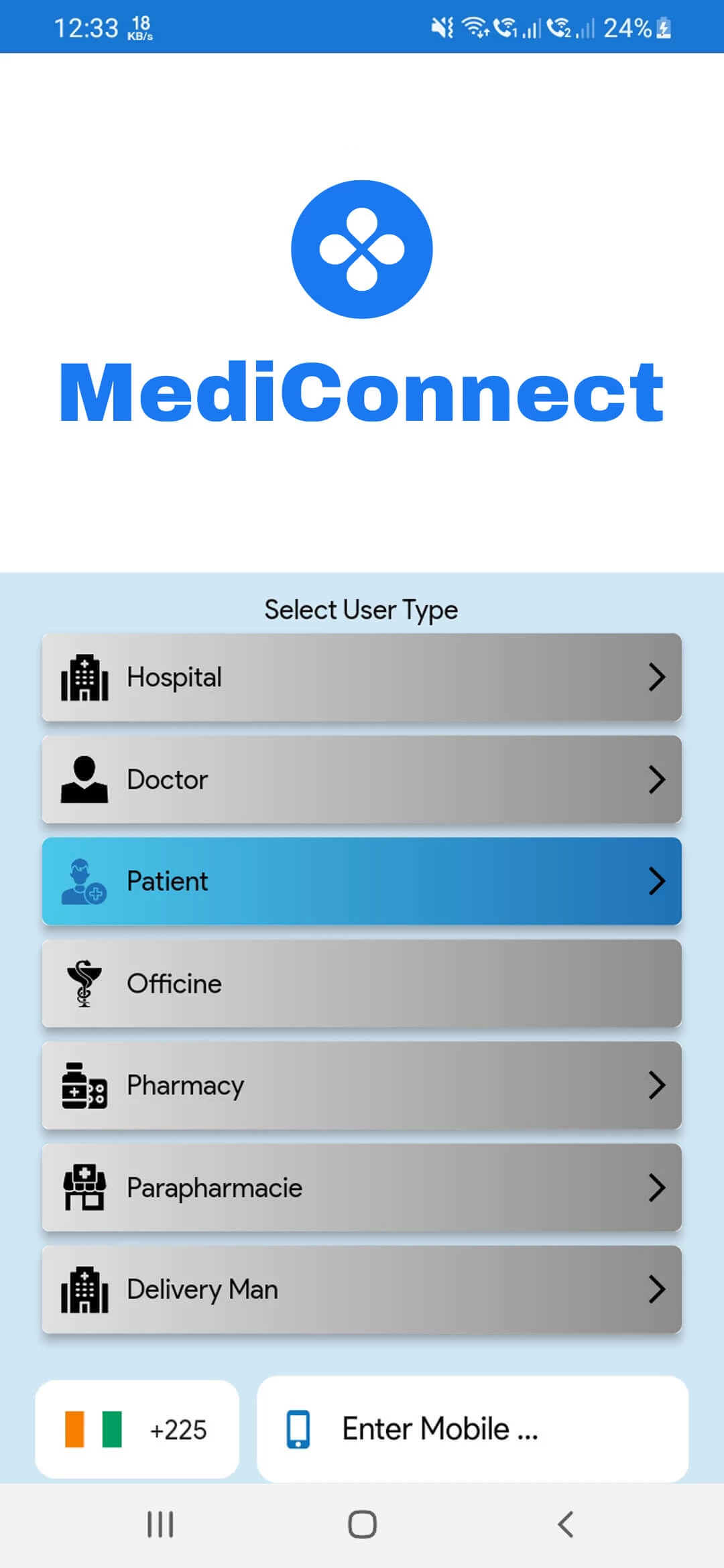 Doctor Appointment and Online Pharmacy user — Select User Type