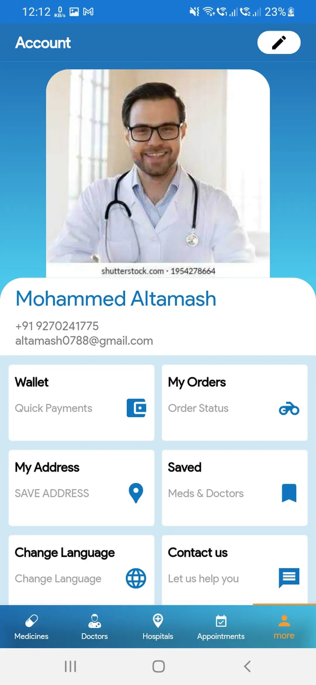 Doctor Appointment and Online Pharmacy user — Account