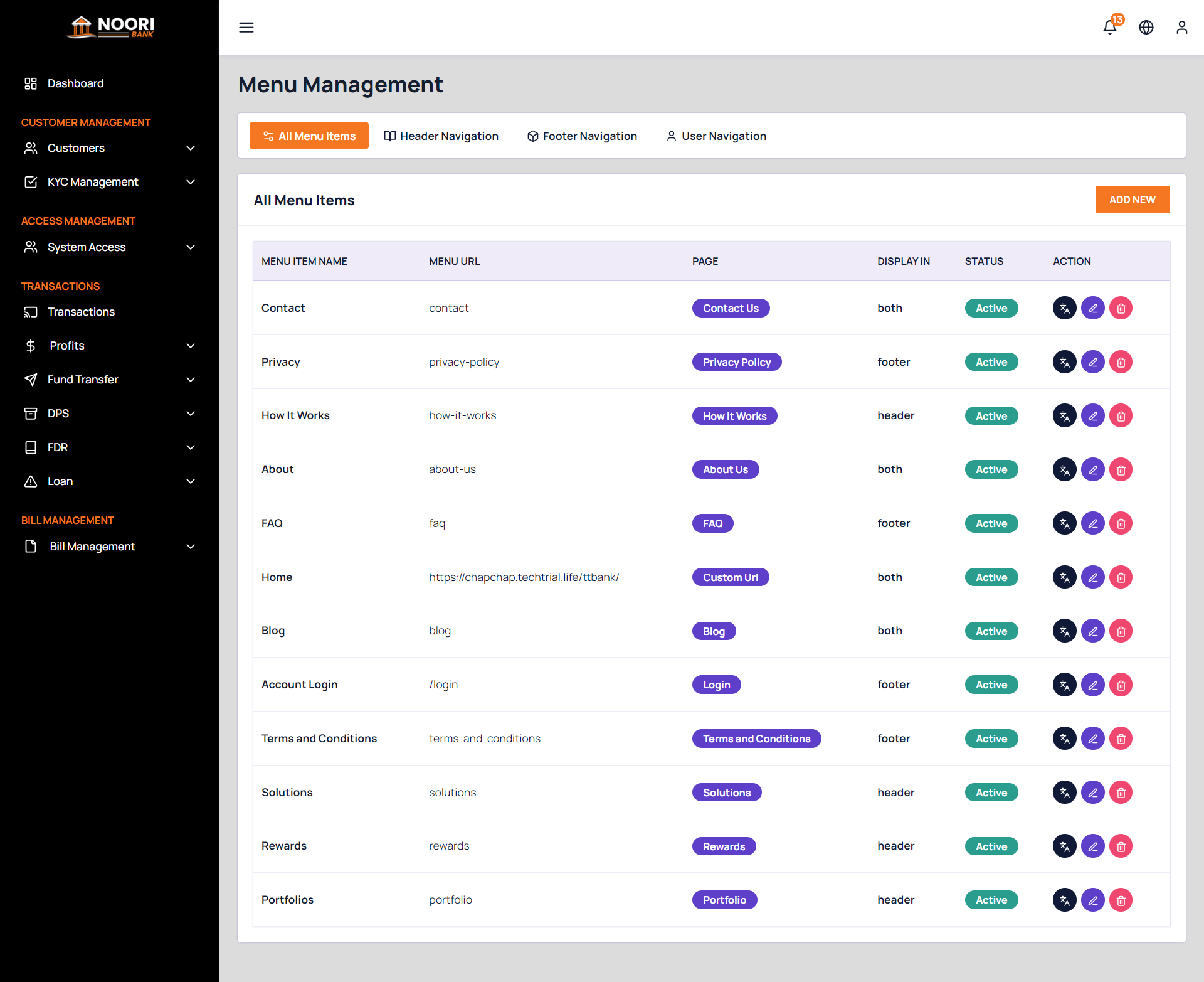 Digital bank admin — Menu Management