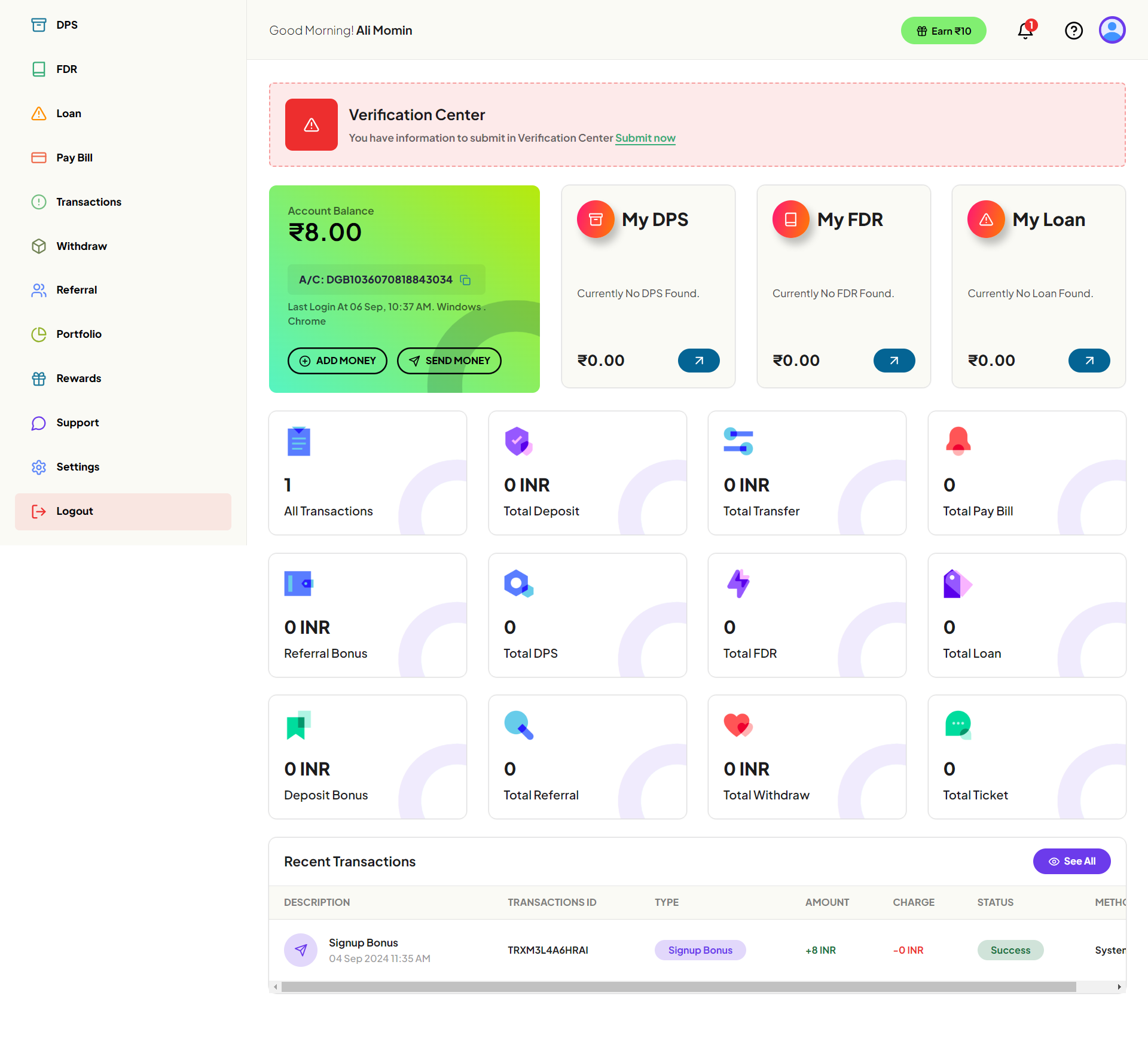 Digital bank user — Dashboard