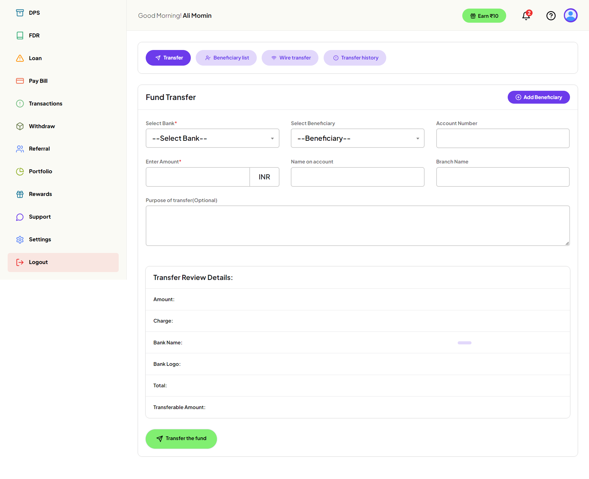 Digital bank user — Fund Transfer