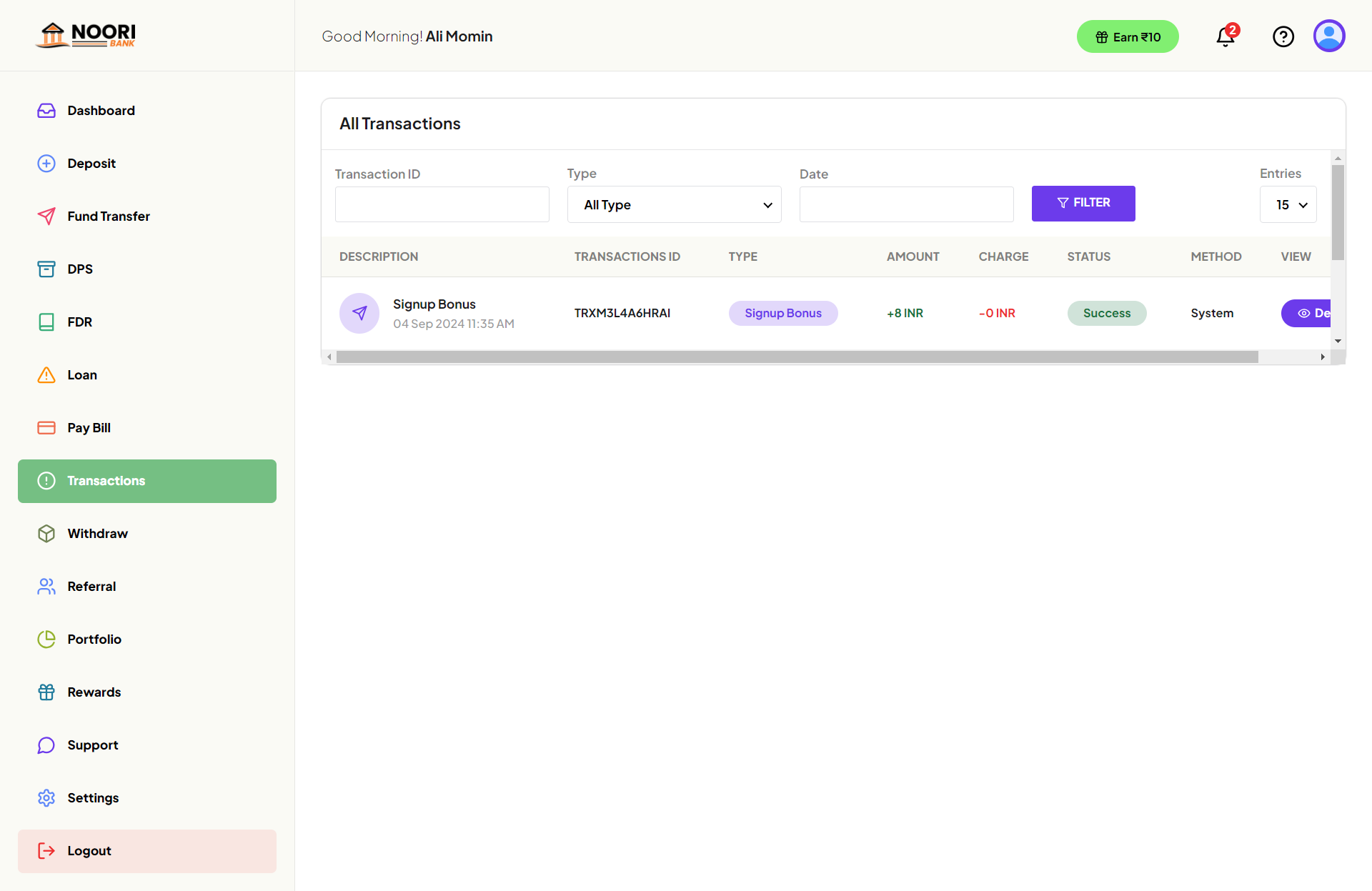 Digital bank user — Transaction