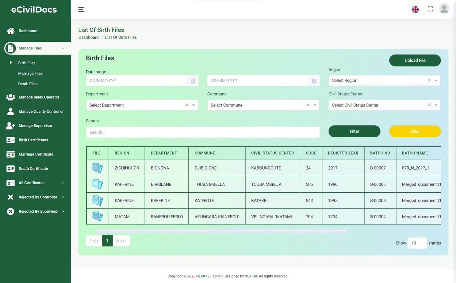 Digital Solution For Civil Documents admin — Manage Birth Files