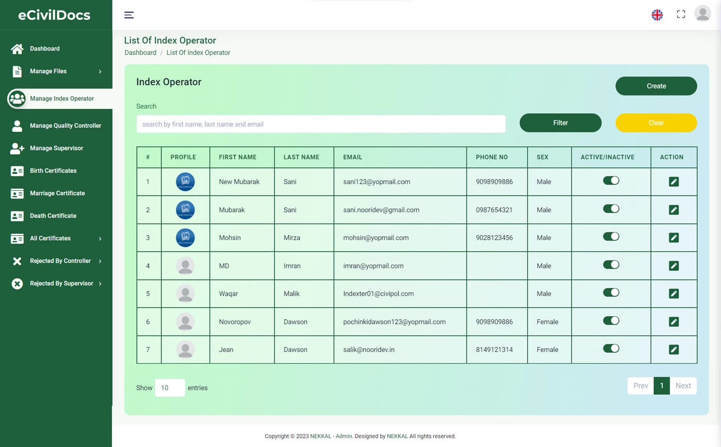 Digital Solution For Civil Documents admin — Manage Index Operator