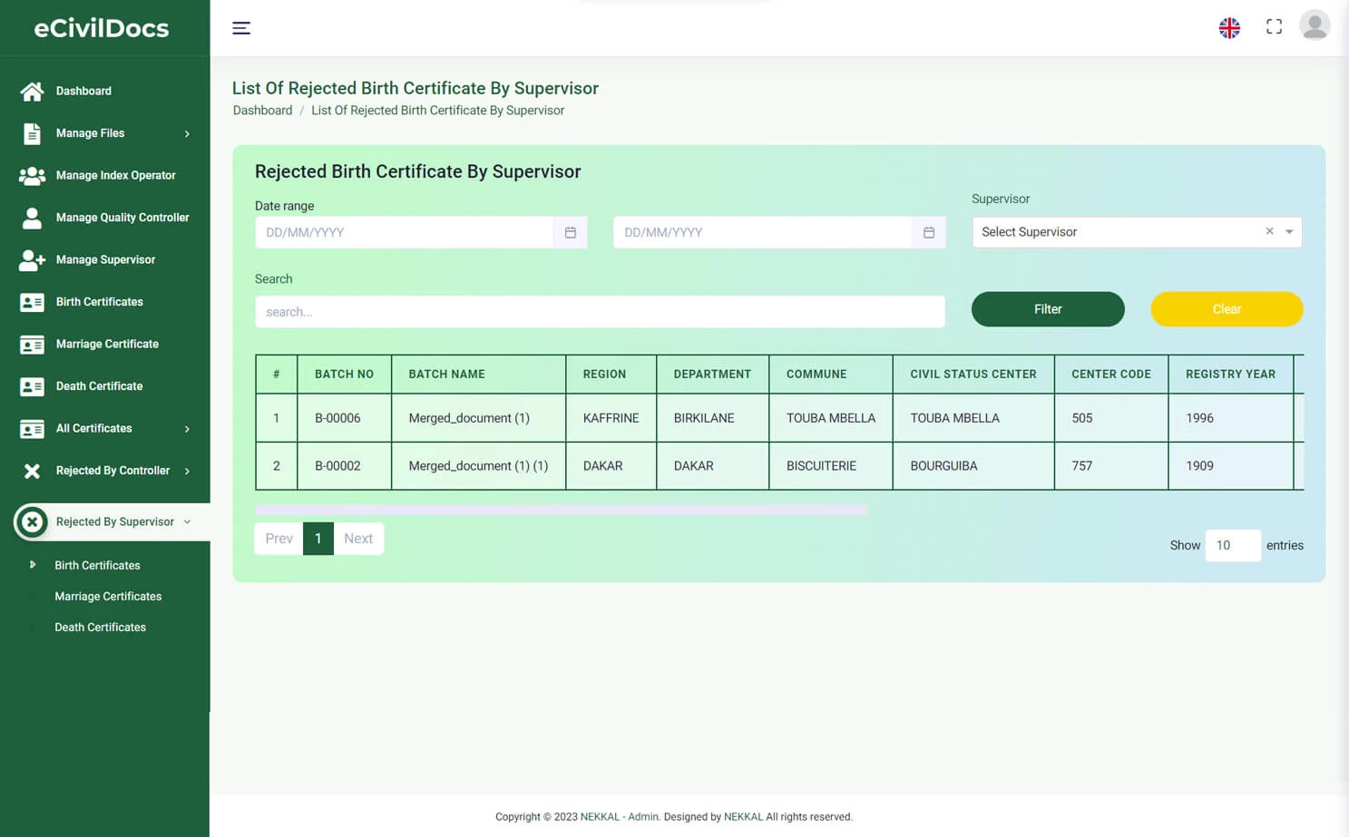 Digital Solution For Civil Documents admin — Rejected Birth Certificates By Supervisor