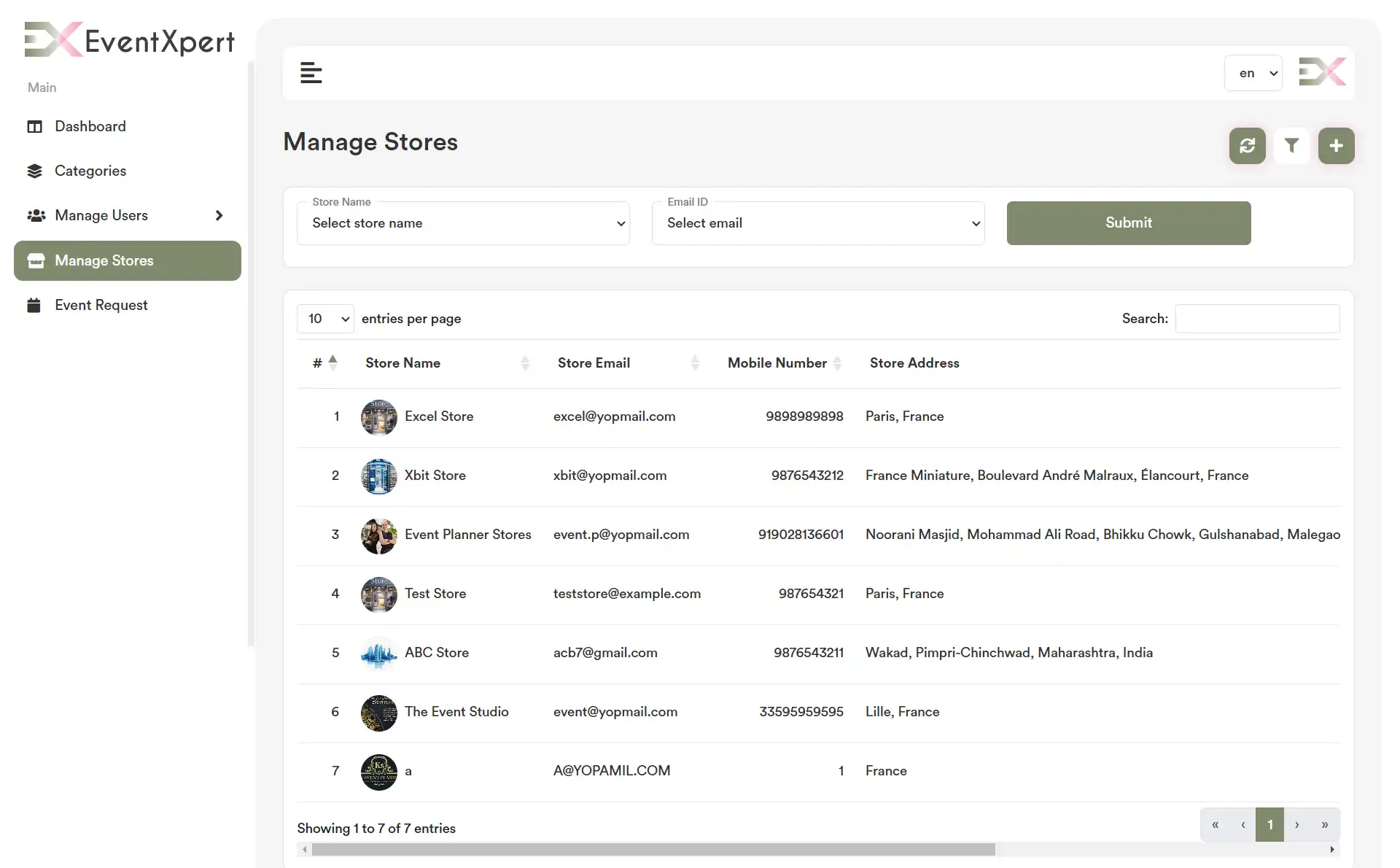 Admin Panel — Manage Stores