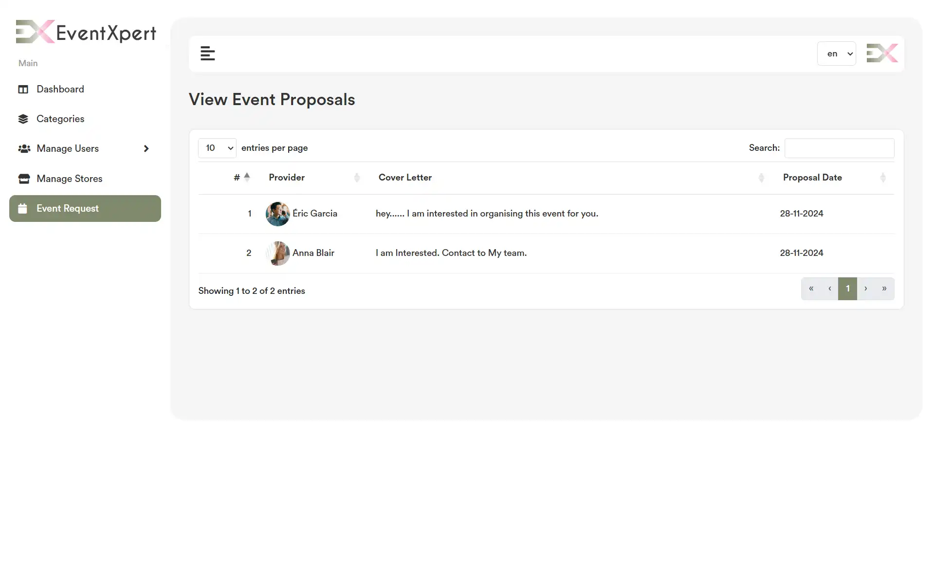 Admin Panel — View Event Proposals