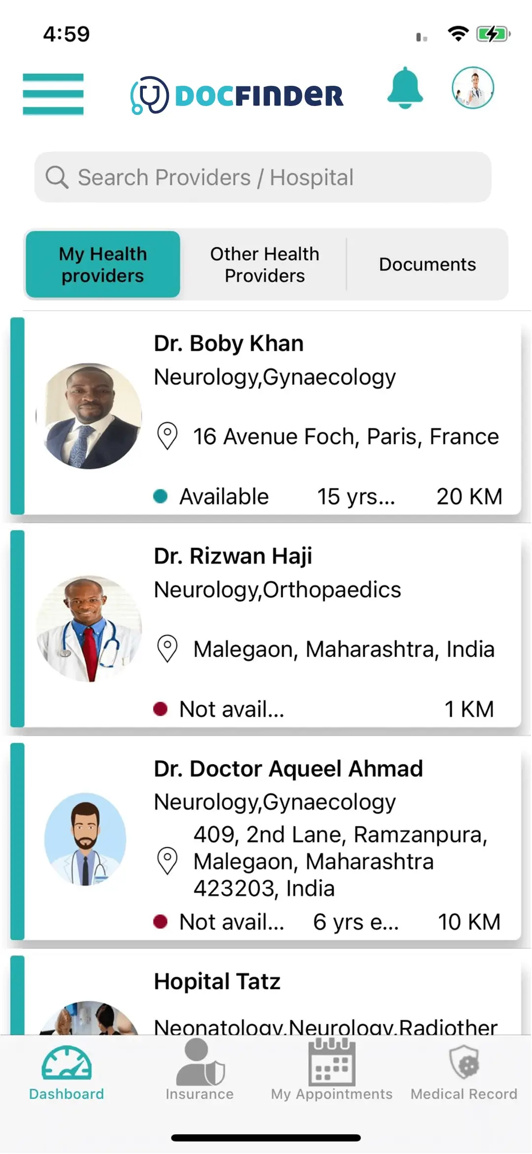 Docfinder user — Dashboard
