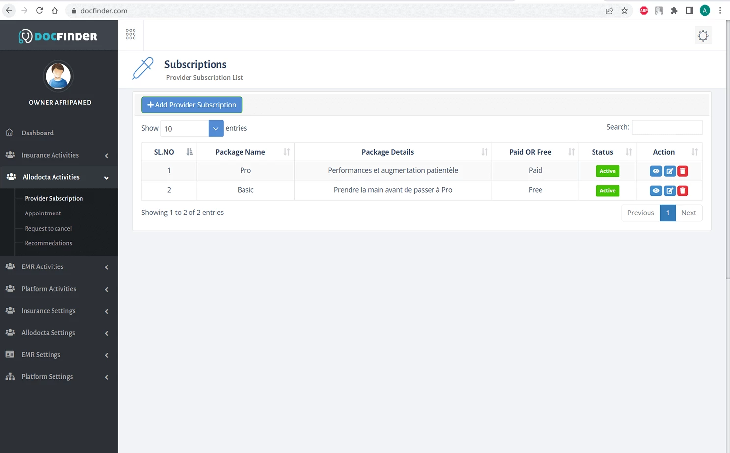 Docfinder admin — Allodocta Activities