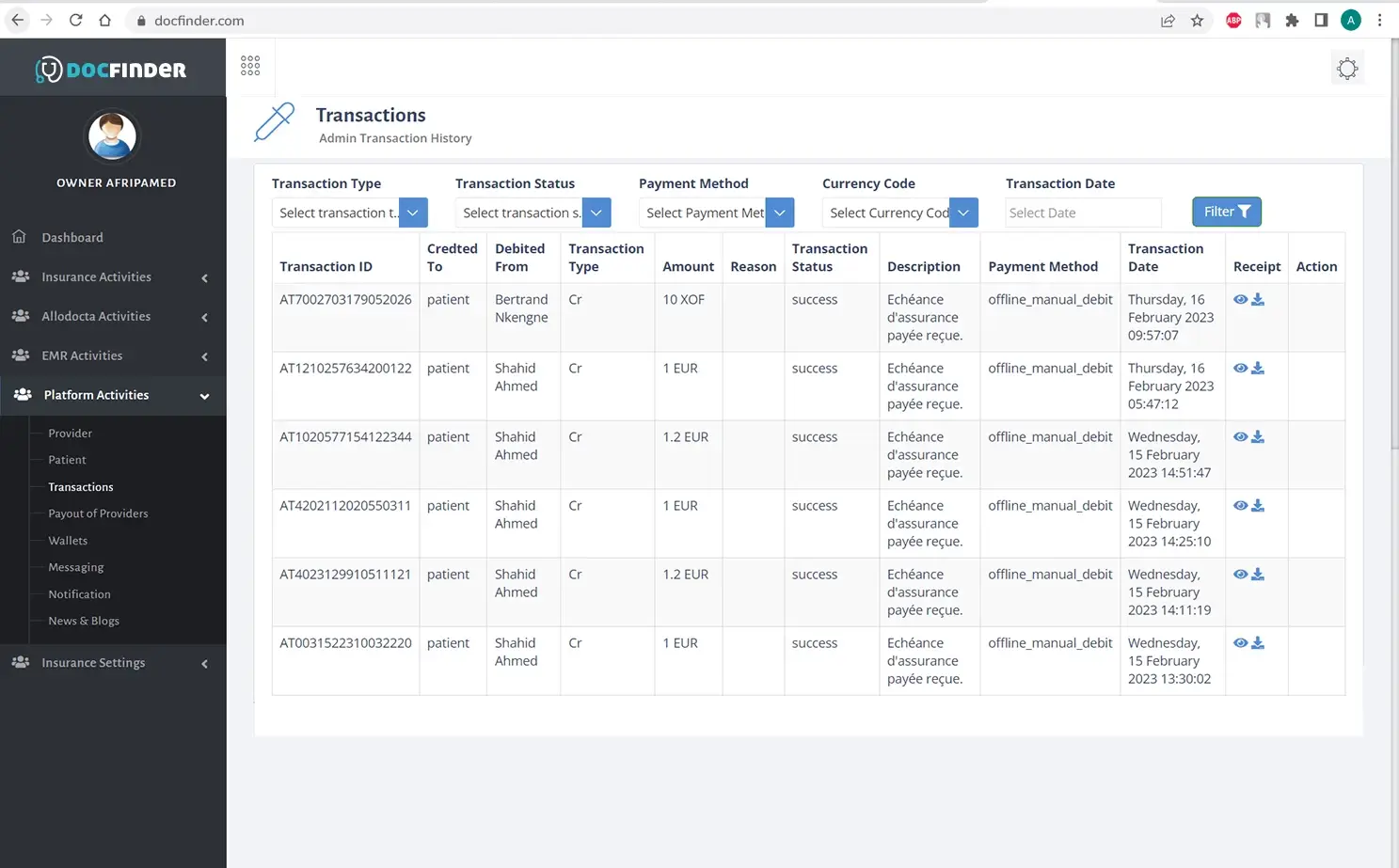 Docfinder admin — Platform Activities