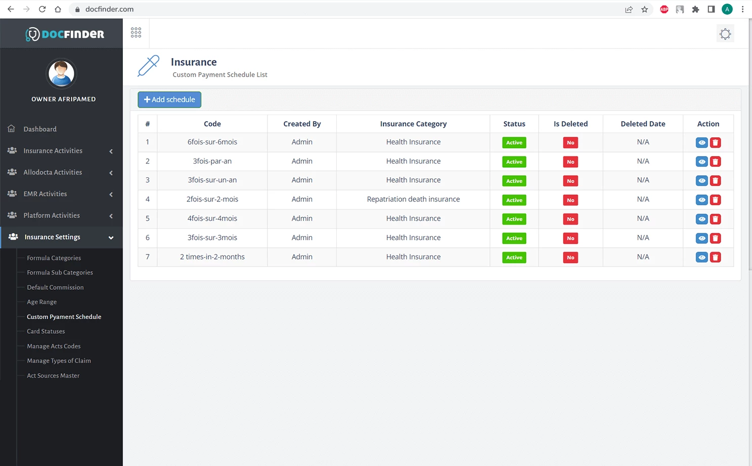 Docfinder admin — Insurance Settings