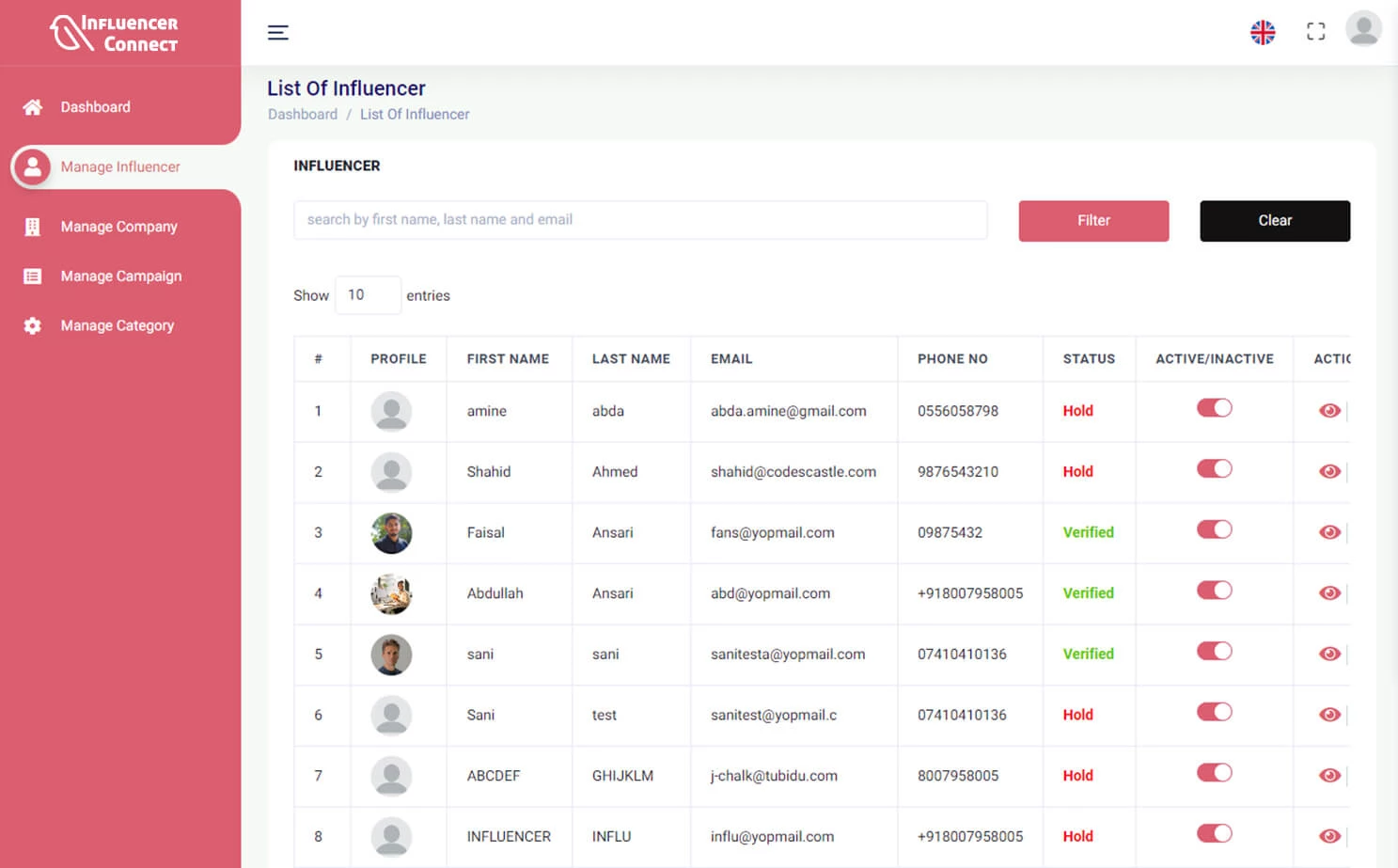 Influencer Marketplace — admin — List Of Influencer