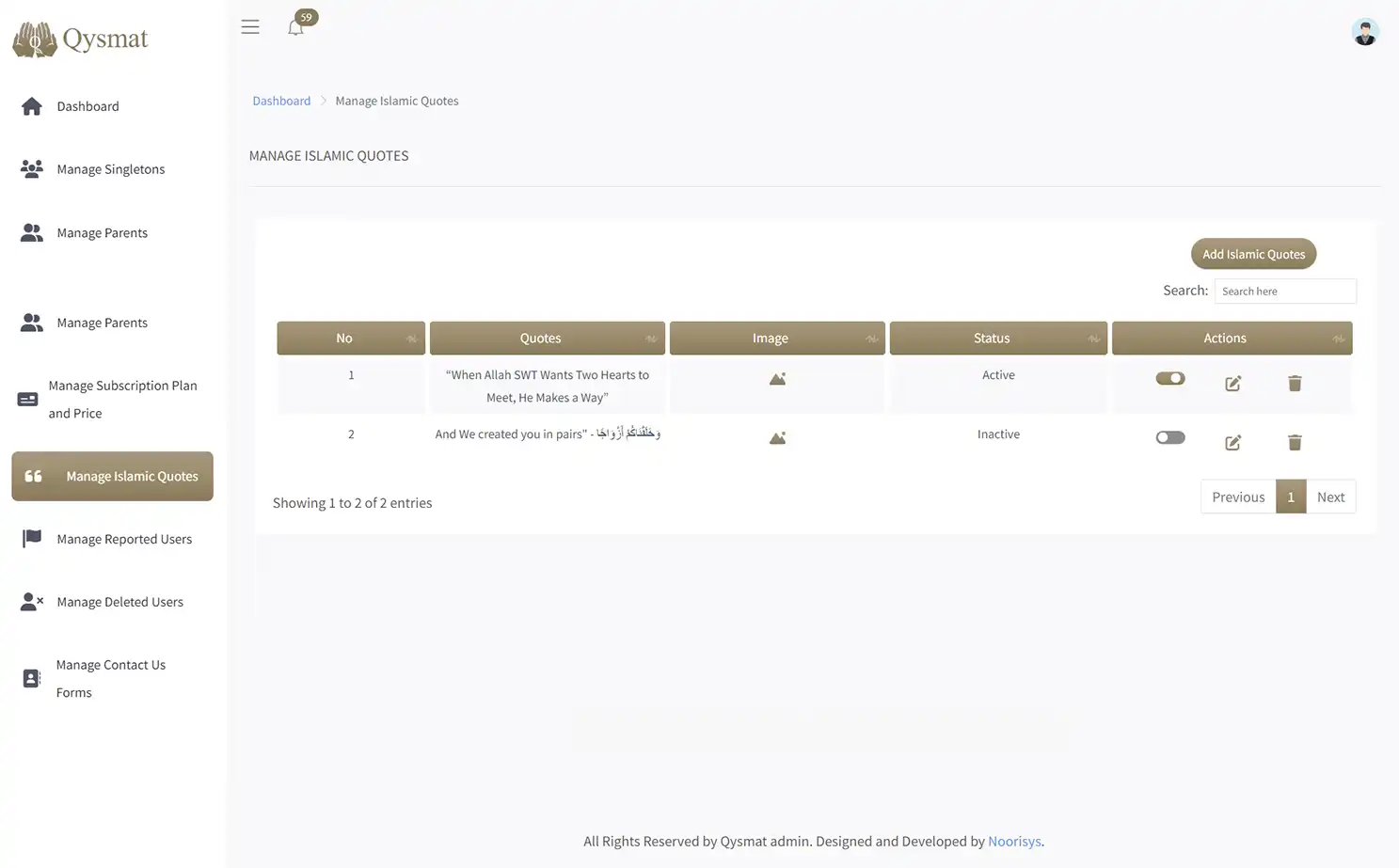 Match Making Application web — Manage Islamic Quotes