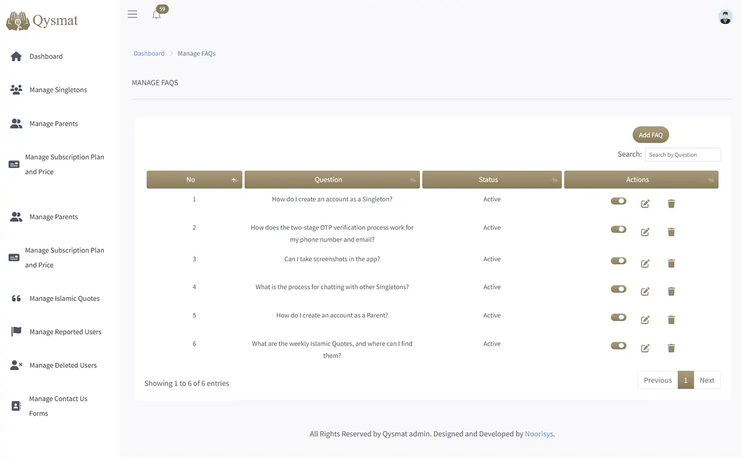 Match Making Application web — Manage FAQs