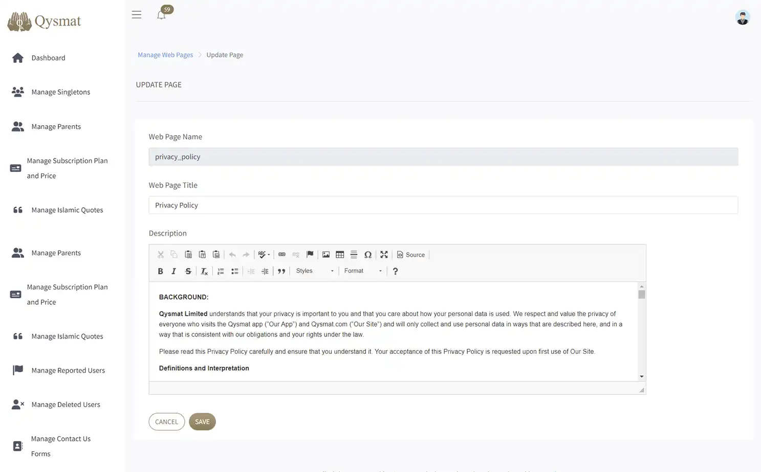 Match Making Application web — Update Page