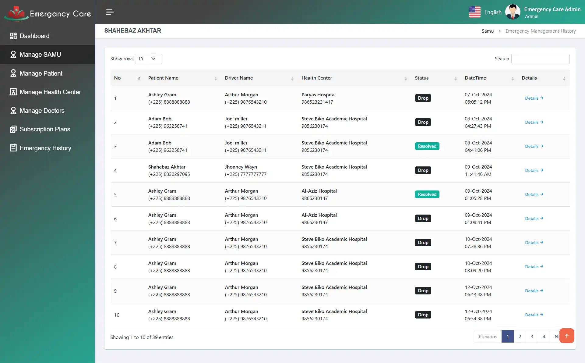Admin App — SAMU Emergency History