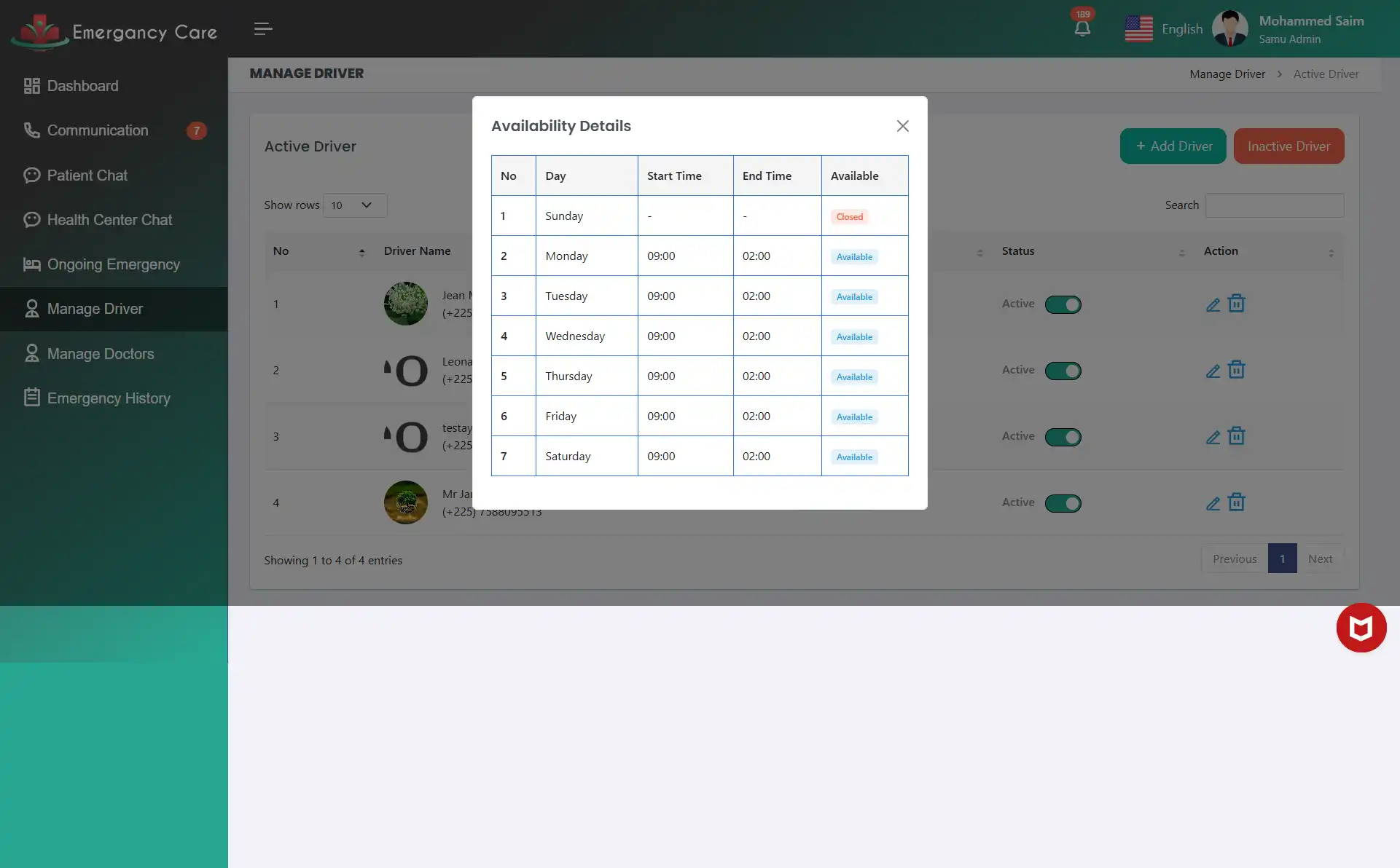 SAMU Web — Driver Avalability