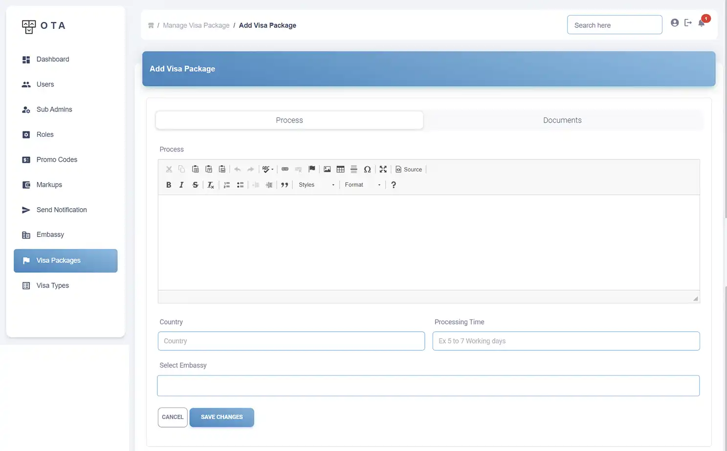 Online Travel Agency — admin — Add Visa Packages