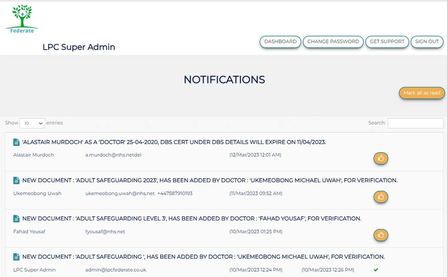 Primary care admin — Notifications