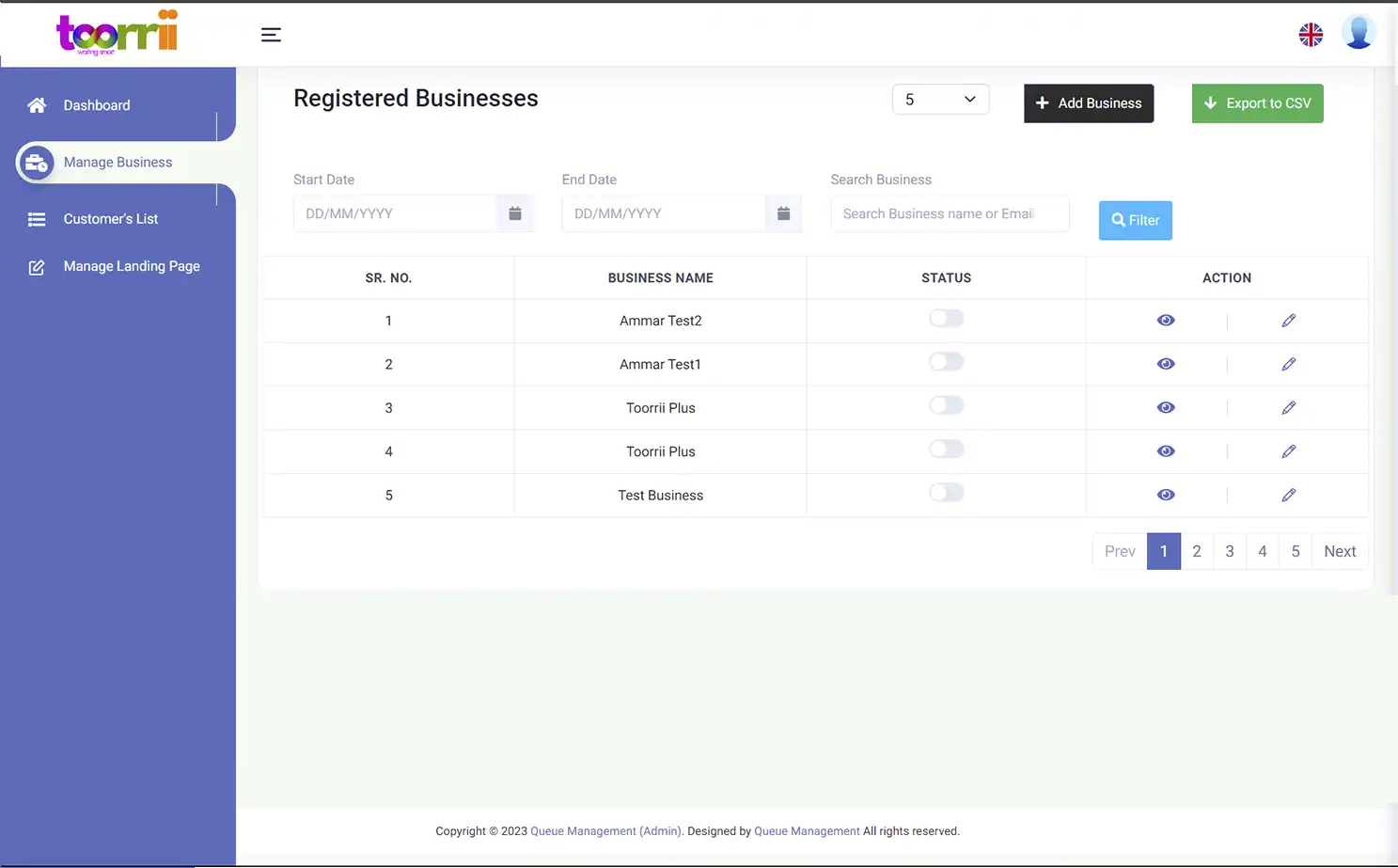 Queue Management admin — Registered Businesses