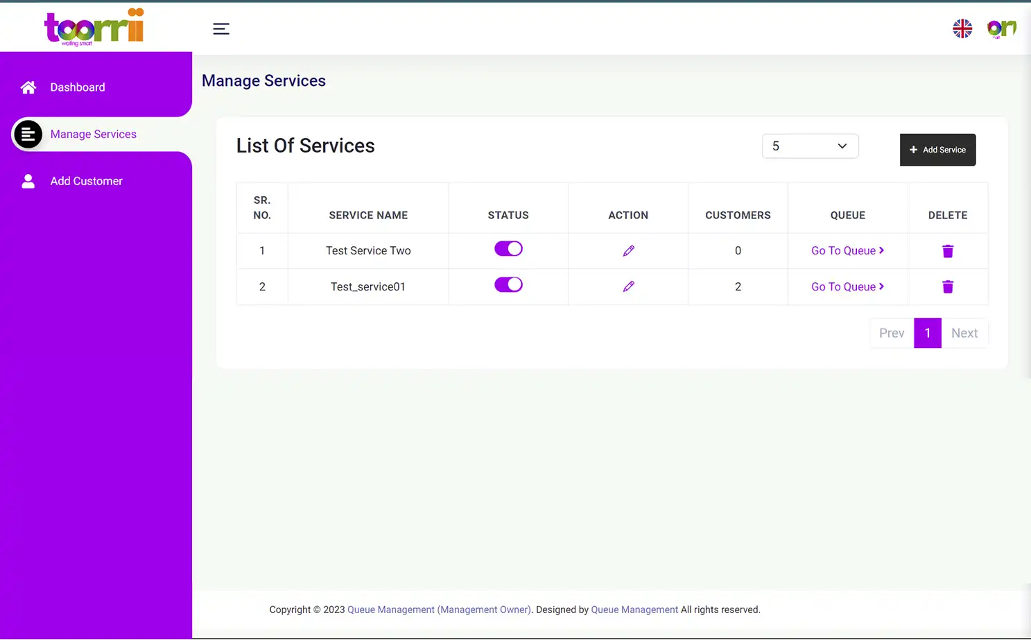 Queue Management business owner — Manage Services