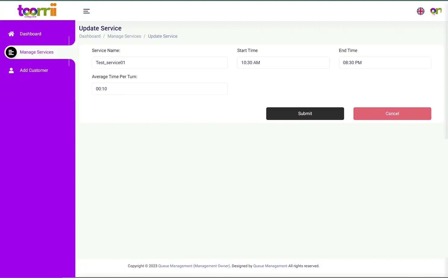 Queue Management business owner — Update Service