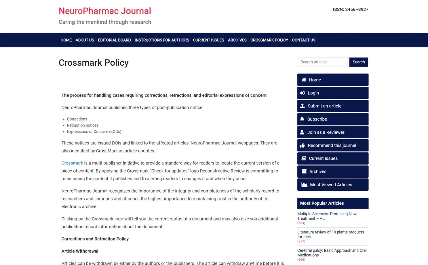 Researcher Personal Presentation website — Crossmark Policy