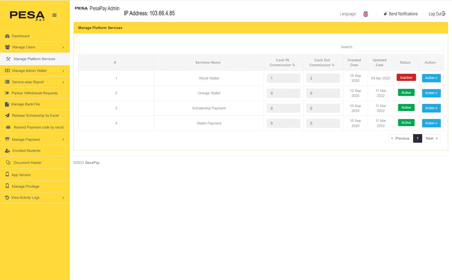 Online Payment Application — admin — Manage Platform Services