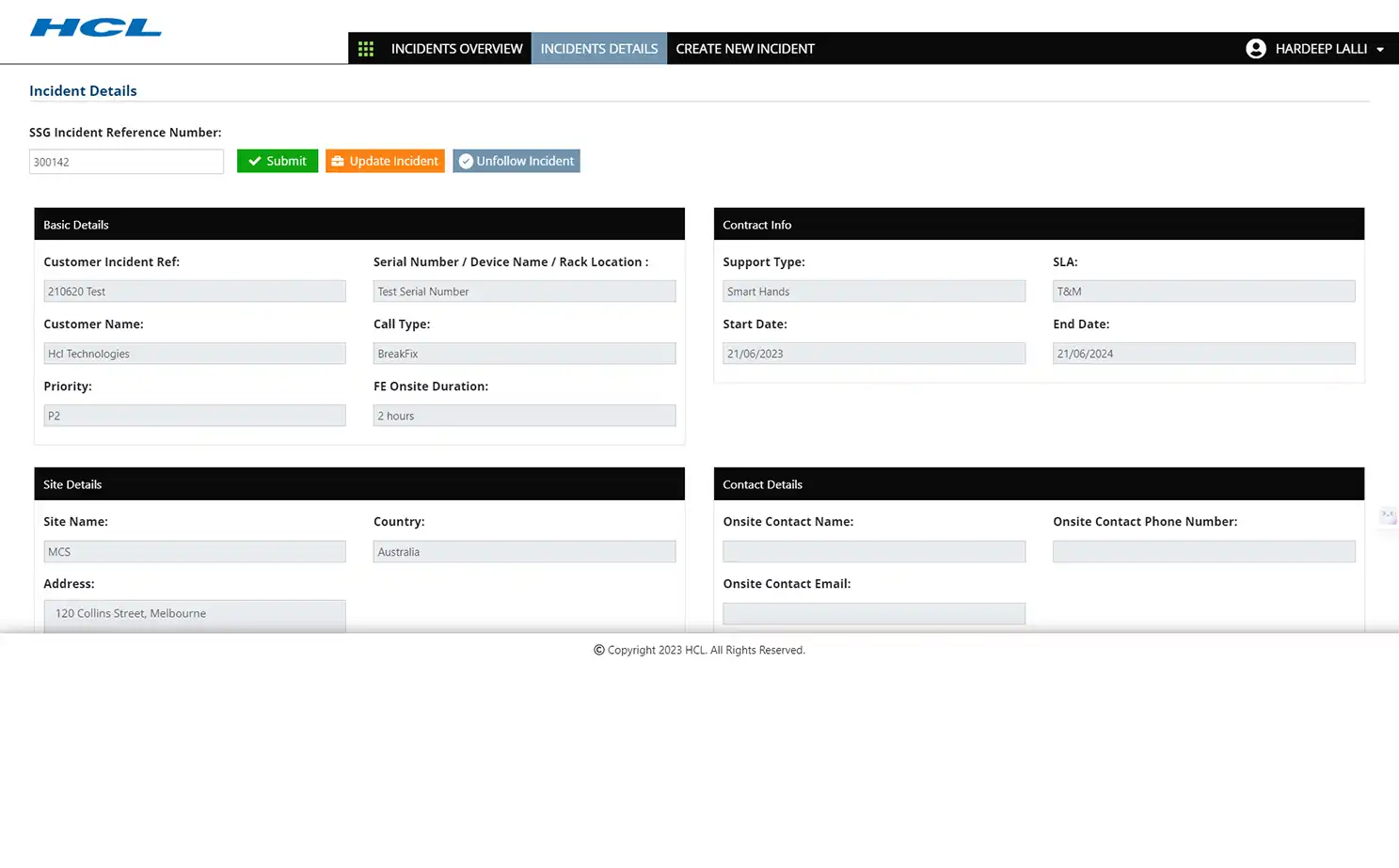 Service Management and Resolution Platform customer panel — Incidents Details