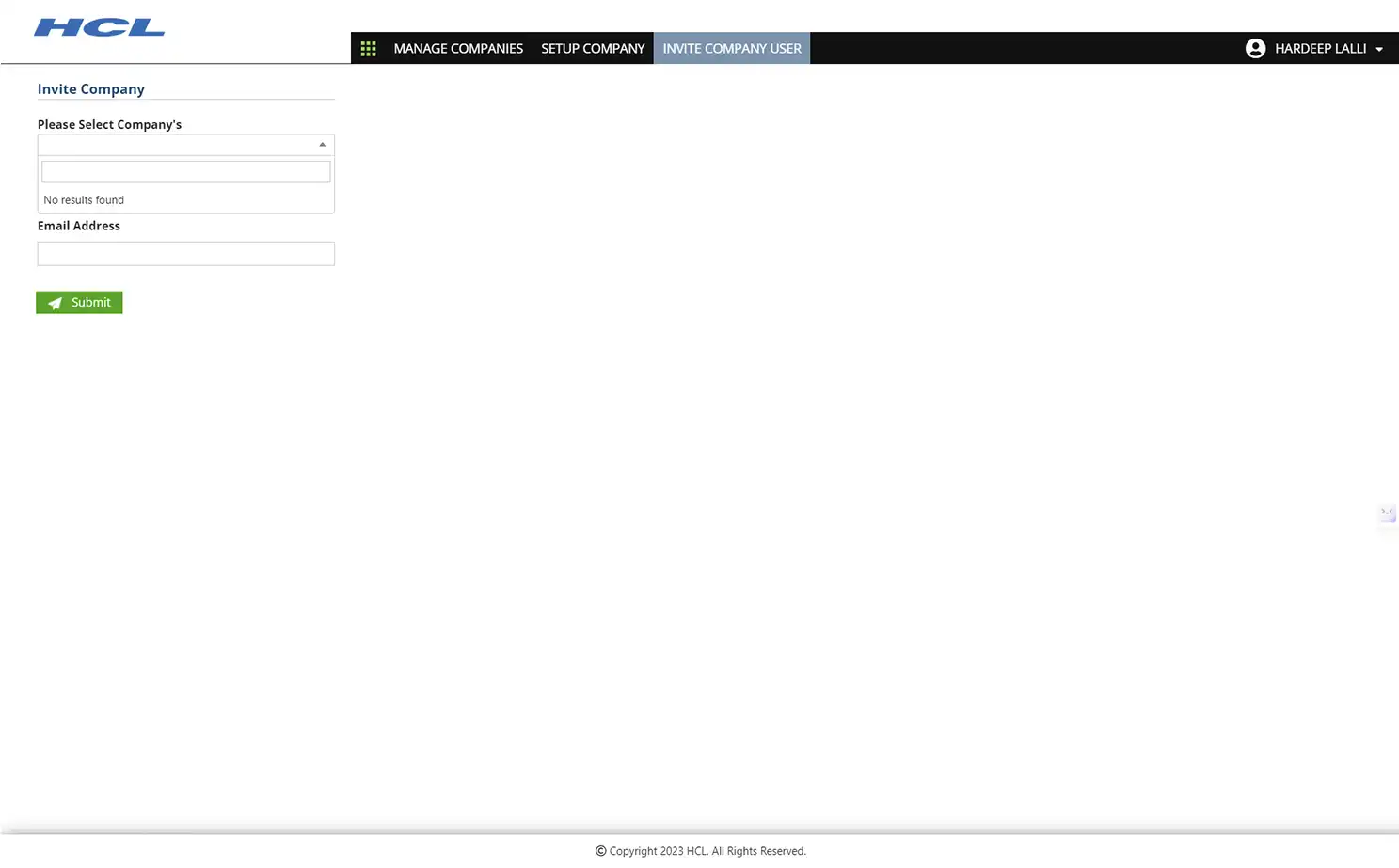 Service Management and Resolution Platform customer panel — Invite Company User
