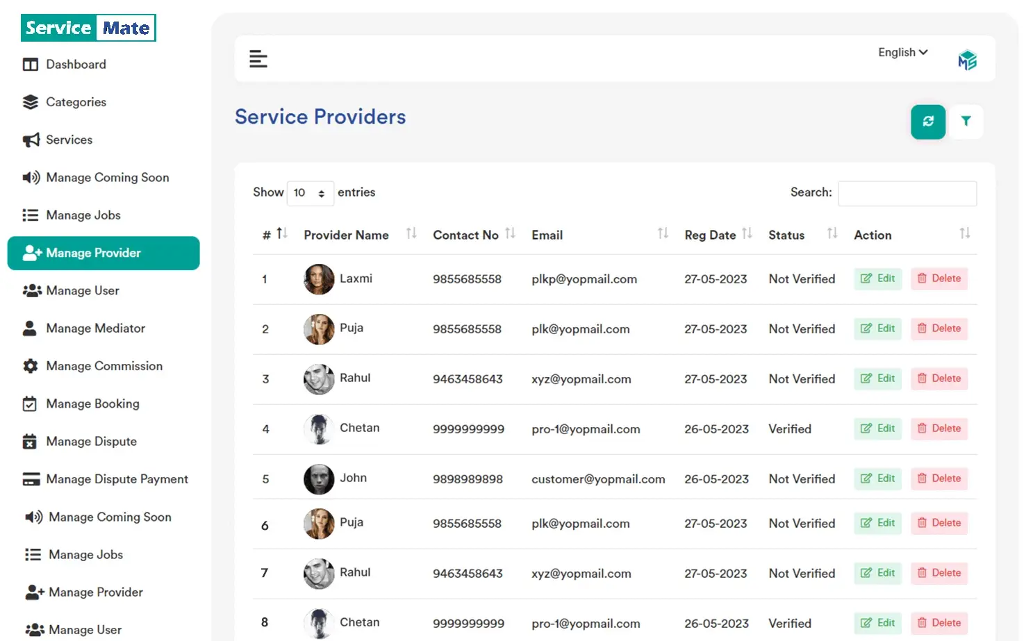 Service provider admin — Manage Provider
