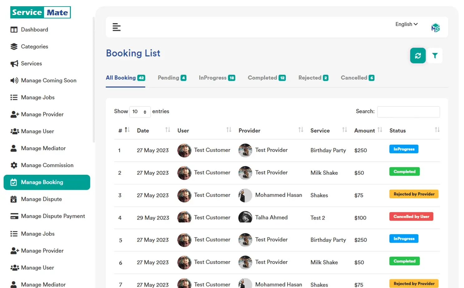 Service provider admin — Manage Booking