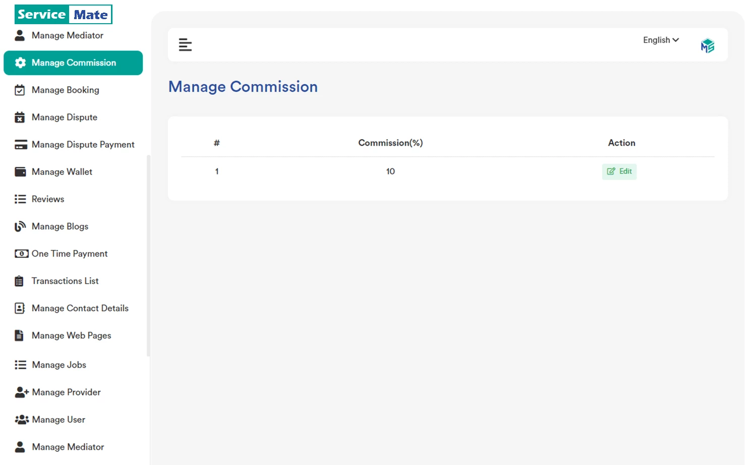 Service provider admin — Manage Commision