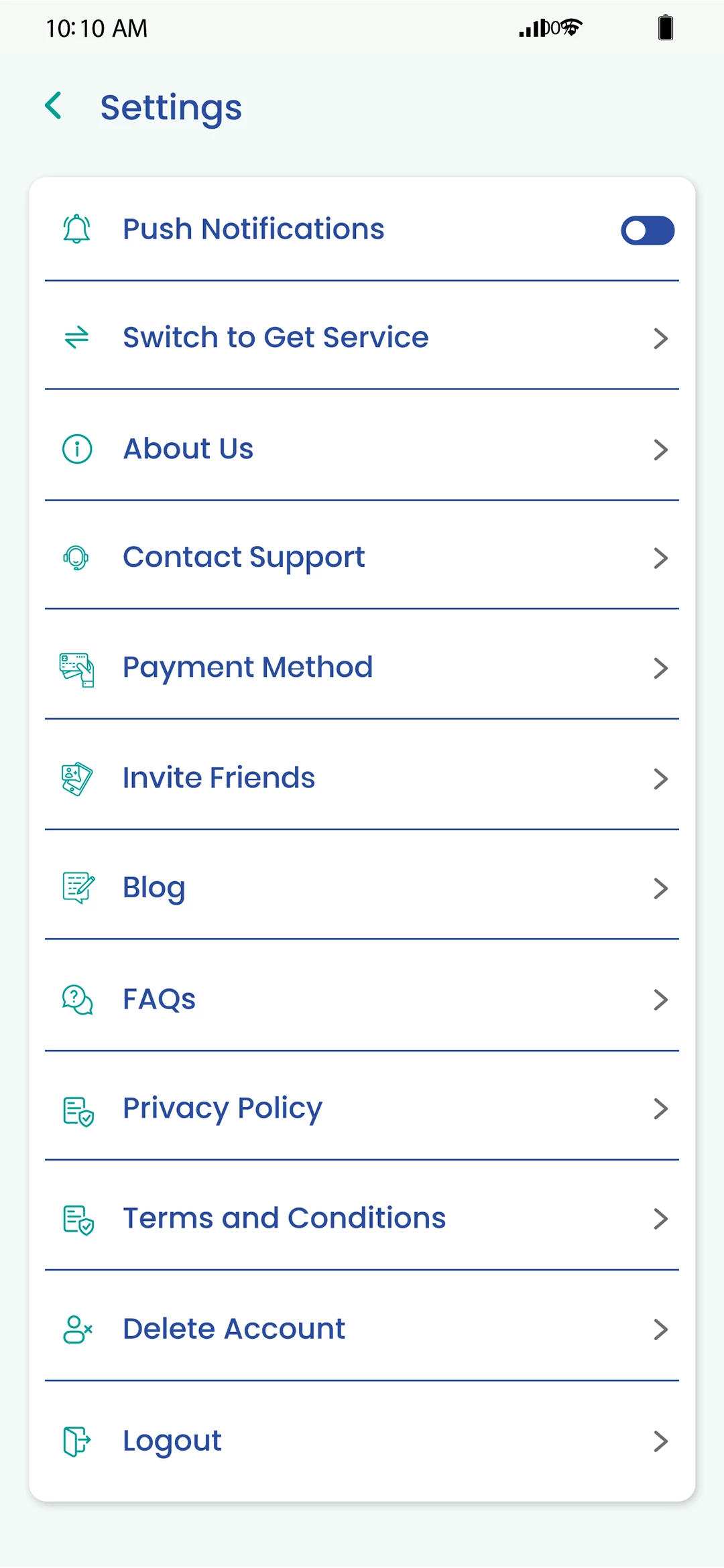 Service provider user — Settings