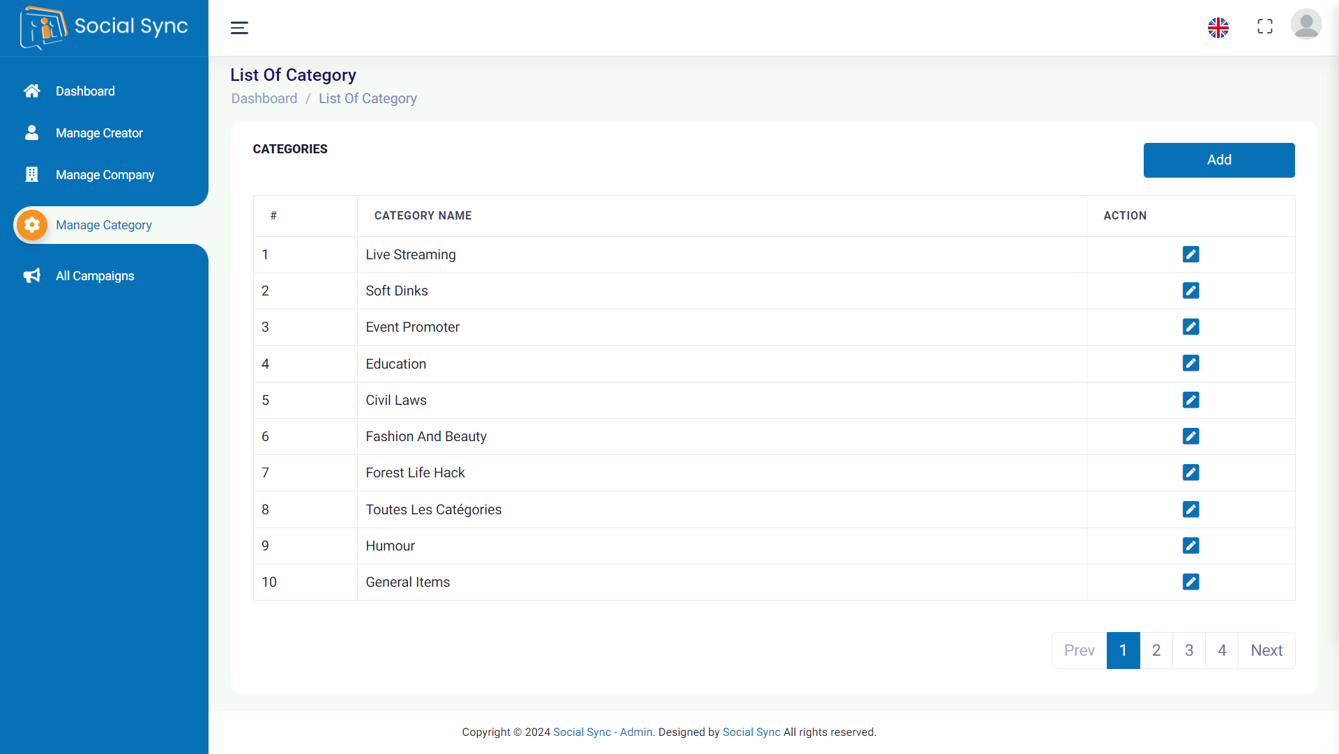Social Sync — admin — List Of Categories